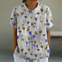 Relaxed watercolour poppy print linen blouse peter pan collar