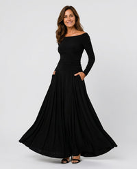 Black Draped Long-Sleeve Formal Maxi Dress