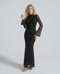 Long-Sleeve Formal Maxi Dress with Crystal Mesh