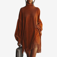 Effortless Fringe Hem Turtleneck Knit Sweater Dress