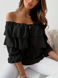 Elegant off shoulder ruffle blouse long sleeve tie front top