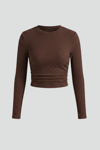 Waffle Knit Long-Sleeve Crop Top with High-Neck for Women