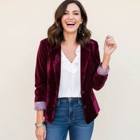 Two-Button Velvet Blazer with Notch-Lapel and Contrast Cuffs