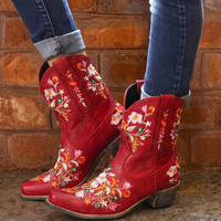 Elegant Floral Embroidered Ankle Cowboy Boots for Women