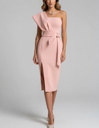 One Shoulder Tie Waist Formal Cocktail Midi Dress