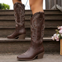 Refined Embroidered Block Heel Knee High Cowboy Boots