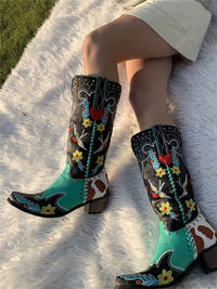 Stylish Heart Embroidered Mid Calf Cowboy Boots for Women