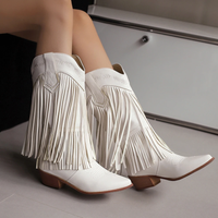 Elegant Layered Fringe Embroidered Pointed Toe Cowboy Boots