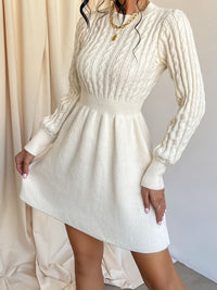 Refined A Line Smocked Waist Cable Knit Sweater Dress